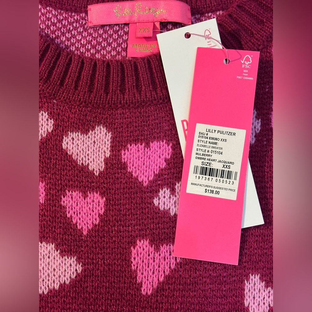 Lilly Pulitzer XXS NWT ELIZABELLE SWEATER in 🩷OMBRE HEART JACQUARD-PTP18 - Picture 3 of 6